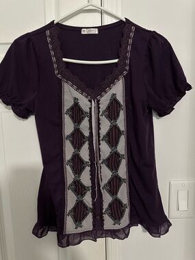 Axes Femme Purple Embroidered Short Sleeve Top